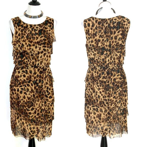 New Kay Unger Tiered Ruffle Mesh Leopard Pattern Sleeveless Dress Large - Picture 1 of 16